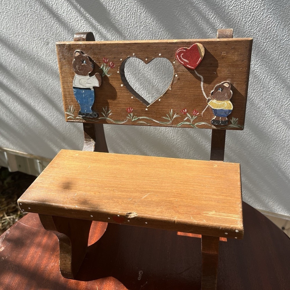 Vintage Wooden Heart Cutout Bear Doll Bench Hand Painted 11"x10"